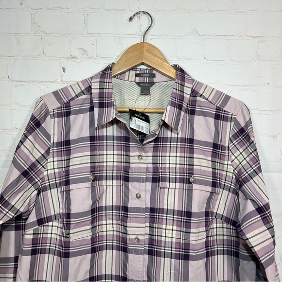 Eddie Bauer Adventurer 3.0 Plaid Shirt Womens Large Purple Long Sleeve New - Picture 2 of 10